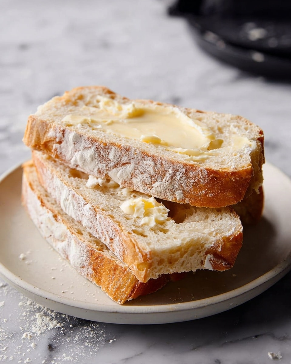 Three pieces of sliced bread stacked on a white plate, each slice thick and soft with a light golden crust and a dusting of flour on top; the top slice has a smooth layer of pale yellow butter spread unevenly, showing the bread's airy texture beneath. The background is a white marbled surface with some flour scattered around, creating a cozy and fresh atmosphere. photo taken with an iphone --ar 4:5 --v 7