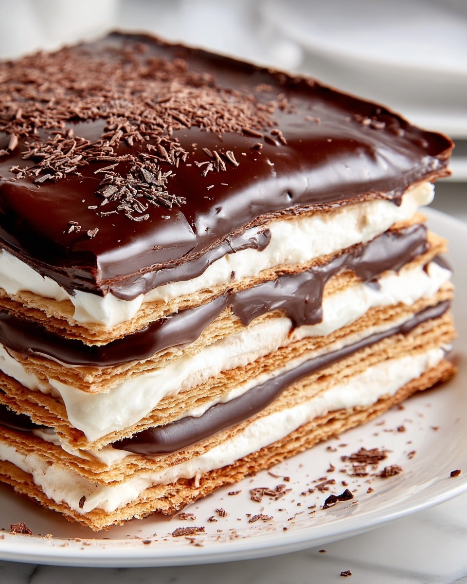 A close-up of a layered dessert with at least six thin, golden-brown cracker-like layers, separated by thick, creamy white layers of filling. Between some of these creamy layers, there is a shiny, smooth dark chocolate layer visible. The top layer is a thick, glossy dark chocolate glaze with a few cracks and sprinkled with fine chocolate shavings. The dessert is placed on a white plate on a white marbled surface with a few chocolate crumbs scattered around. photo taken with an iphone --ar 4:5 --v 7