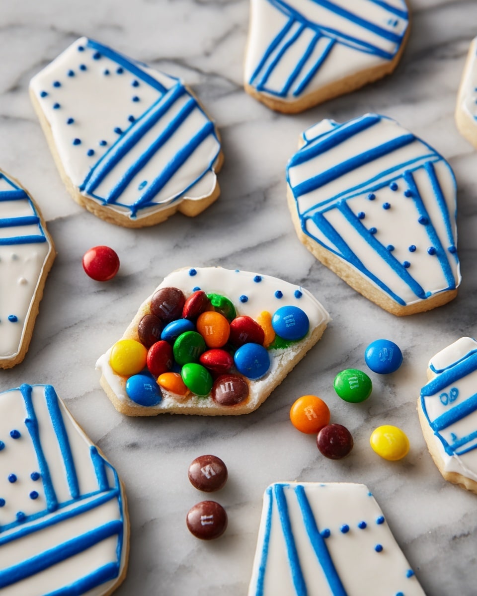 The image shows cookies shaped like dreidels, each with a smooth white icing base and outlined with blue icing in various geometric patterns such as diagonal lines, horizontal stripes, and dots. One cookie is broken open in the center, revealing colorful candy-coated chocolates inside in red, yellow, green, blue, orange, and brown colors. These candies are also scattered around the cookies. The cookies have a soft texture with a slightly thick white border of icing around the edges. They are placed on a white marbled surface. photo taken with an iphone --ar 4:5 --v 7