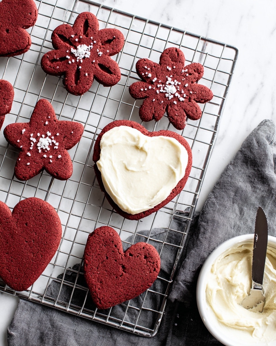 The image shows a cooling rack with eight red velvet cookies shaped like hearts, stars, and flowers placed on a white marbled surface. One cookie near the center has a thick, smooth layer of white frosting spread evenly on top, with some sugar crystals sprinkled over it. The cookies have a slightly rough texture with small holes punched evenly across their surfaces. To the right side of the rack, there is a white bowl filled with creamy white frosting next to a dark gray cloth. Beside the cloth, a knife with frosting on its blade lies flat on the white marbled surface. Photo taken with an iphone --ar 4:5 --v 7