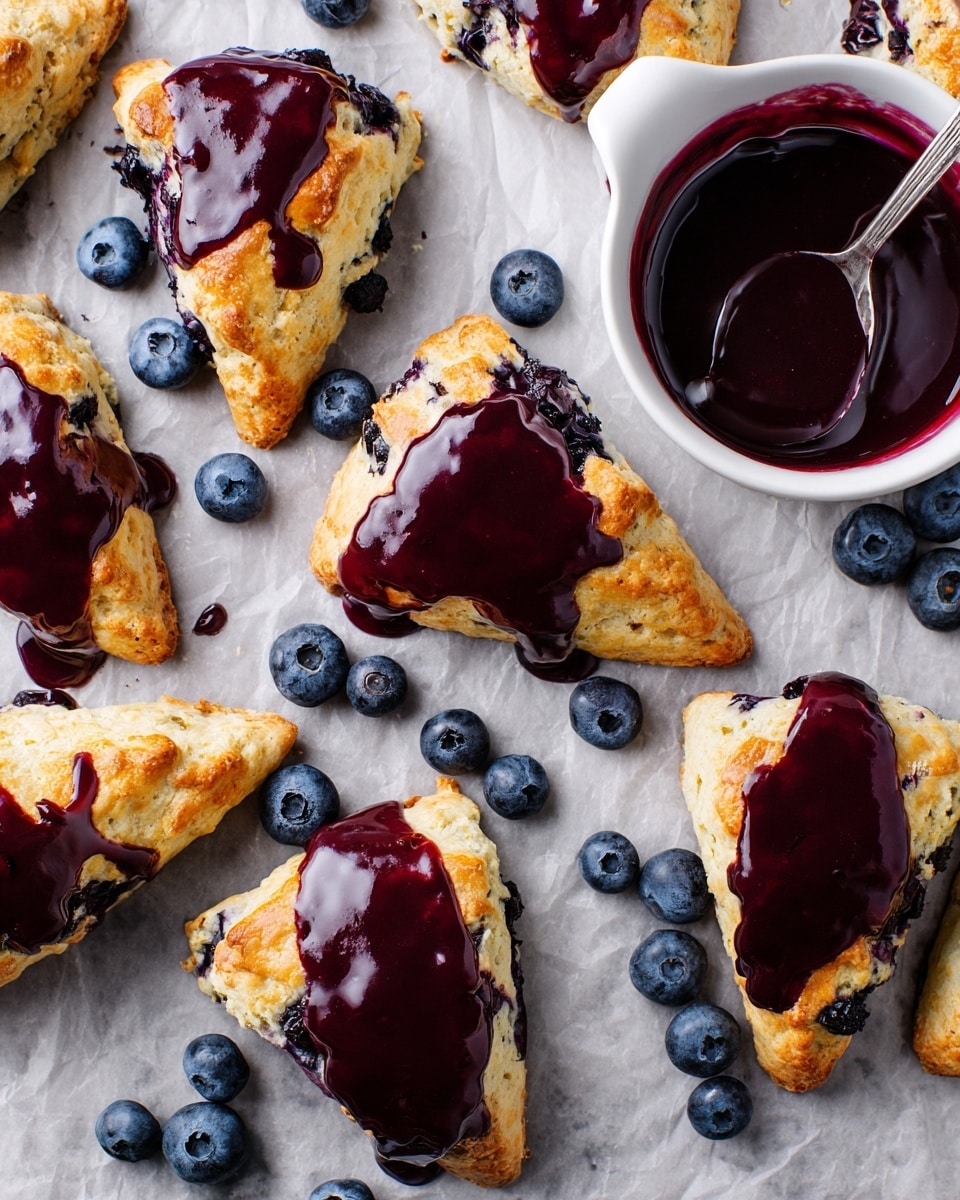 The image shows several triangular blueberry scones with a golden-brown crust scattered on a white marbled surface lined with parchment paper. Each scone has a thick, glossy dark purple glaze generously spread on top, dripping slightly down the sides. Fresh whole blueberries are scattered around the scones, adding a pop of deep blue color. On the right side of the image, there is a white bowl filled with the same dark purple glaze, with a spoon resting inside it, ready for more glazing. The whole scene looks fresh and inviting with rich color contrasts and textures. photo taken with an iphone --ar 4:5 --v 7