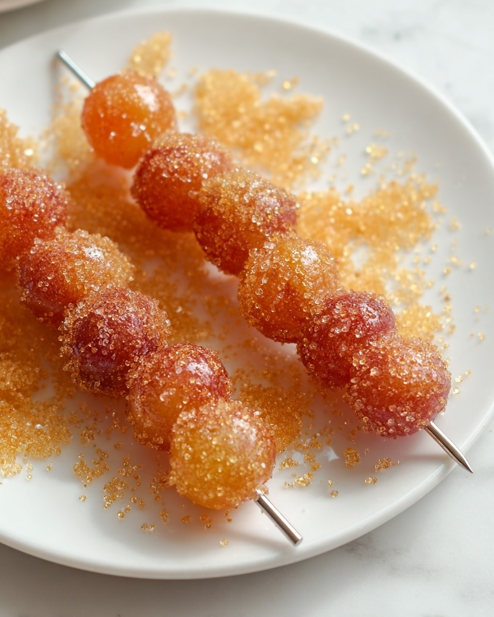 Two metal skewers hold clusters of small round fruits coated evenly in golden brown sugar crystals, resting on a white plate scattered with more of the same sugary granules. The fruits have a shiny and translucent surface beneath the sugar, showing slight variations of warm orange and red tones. The sugar crystals create a rough texture that glistens under light, contrasting with the smooth, round shapes of the fruits. The plate sits on a white marbled surface, giving a clean and bright background to the close-up view of the skewers. photo taken with an iphone --ar 4:5 --v 7