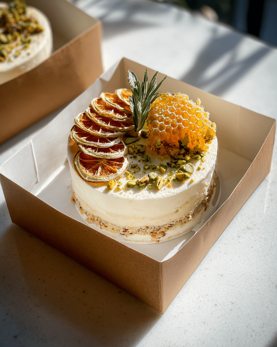 A small two-layer round cake sits inside a brown box with a white base. The bottom and top layers are smooth and white, with a slightly rough beige filling between them that looks like nuts or seeds. On top, there are several dried orange slices arranged in a fan shape on the left, a shiny golden honeycomb piece on the right, and a small green sprig standing upright in the center. Crushed green nuts are sprinkled around the toppings. The box is placed on a white marbled surface with soft daylight falling on the cake, creating gentle shadows. Photo taken with an iphone --ar 4:5 --v 7