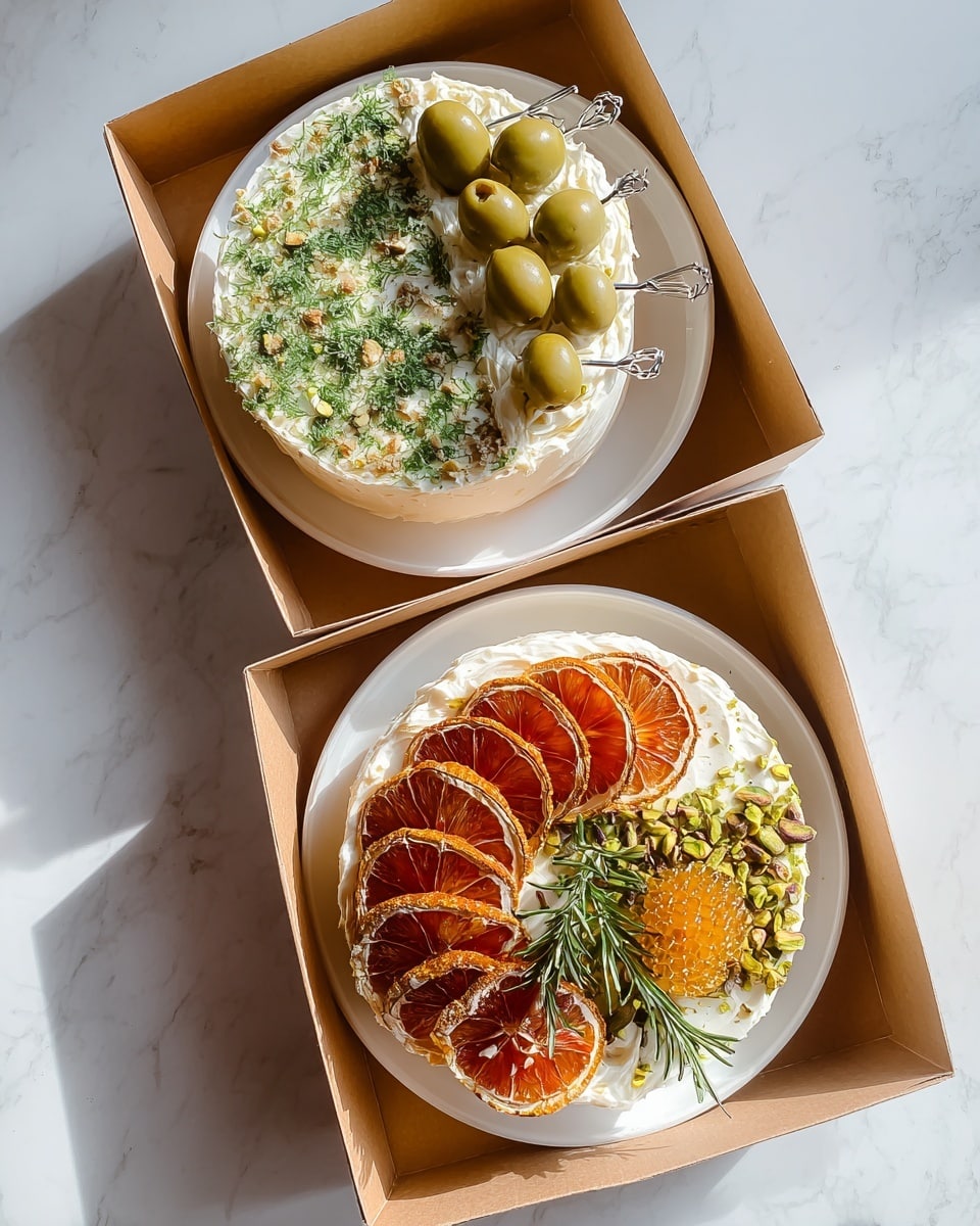 Two round cakes are each placed on a white plate inside light brown cardboard boxes, set on a white marbled surface. The top cake has a thick white creamy frosting as the base layer, sprinkled with finely chopped green herbs all over, and is topped with two silver skewers holding green olives stuffed with white cream arranged in a neat row. The bottom cake also has a thick white creamy frosting layer, decorated on one side with several bright, orange-red dried citrus slices fanned out, and on the other side with a piece of glossy golden honeycomb surrounded by crushed green pistachios and a small sprig of fresh rosemary placed between the citrus and honeycomb. Photo taken with an iphone --ar 4:5 --v 7