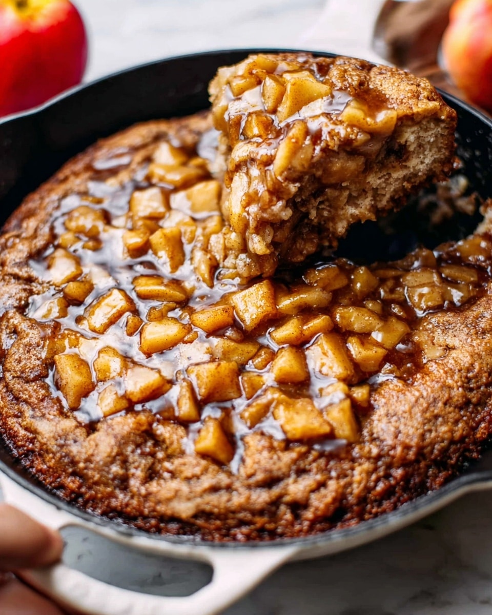 The image shows a close-up view of a baked apple dessert in a white cast iron skillet. The dessert has a rough, golden-brown base layer that looks soft and crumbly. The top layer is covered with small, diced apple pieces that are caramelized to a light brown color, mixed with a thick, shiny glaze dripping down the sides. A woman's hand is holding a piece of the dessert, lifting it from the skillet to reveal the moist inside. The skillet rests on a white marbled surface with a glimpse of a red apple nearby. Photo taken with an iphone --ar 4:5 --v 7
