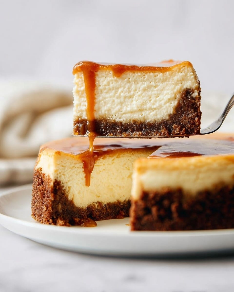 A thick slice of cheesecake with two main layers is lifted above a whole cheesecake on a white plate set on a white marbled surface. The bottom layer is a dark brown, crumbly crust that is firmer and rough in texture. The top layer is a thick, creamy, pale yellow cheese filling with a smooth but slightly porous texture. A glossy amber caramel sauce drips from the slice onto the cheesecake below. The background is softly blurred with a light, neutral tone. photo taken with an iphone --ar 4:5 --v 7