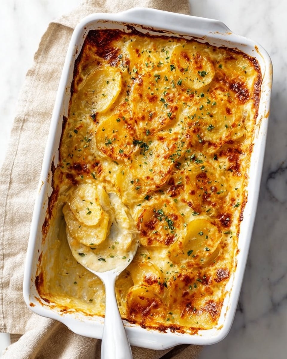 The image shows a white baking dish filled with creamy scalloped potatoes that have a golden-brown top layer, melted and slightly crispy cheese with some browned spots. The dish has several layers of thinly sliced potatoes visible under the cheese, showing a soft and rich texture. Small green herb leaves are scattered on top, adding freshness and color contrast. A white spoon lifts a portion, revealing the layers of creamy sauce and potatoes beneath the browned cheese, with some black pepper sprinkled on top. The white marbled surface background highlights the warm tones of the dish. Photo taken with an iphone --ar 4:5 --v 7