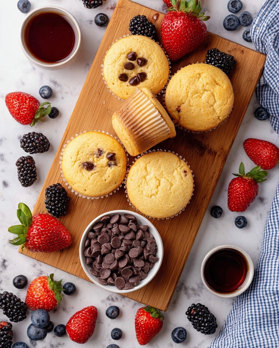 A wooden cutting board on a white marbled surface holds seven light golden muffins, some plain and some with chocolate chips on top, arranged in a loose cluster. Surrounding the muffins are fresh red strawberries with green leaves, dark blackberries, and plump blueberries scattered around the board and surface. A small white bowl filled with dark chocolate chips sits near the bottom right corner of the board, while another small white bowl holds a dark red liquid near the bottom left. The scene is softly lit, with a blue and white checkered cloth partially visible to the right. Photo taken with an iphone --ar 4:5 --v 7