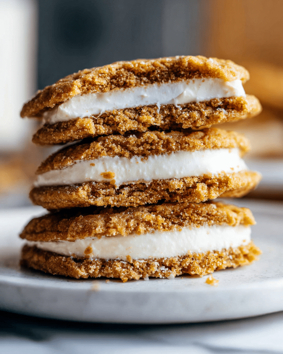 A close-up of a stack of four cookie sandwiches on a white plate, each cookie sandwich shows a thick white creamy layer in the middle with a golden-brown textured cookie layer on the top and bottom. The cookie layers look slightly crumbly and have small bits inside. The photo is set on a white marbled surface with a soft, blurred background. The lighting highlights the creaminess and crispiness of the sandwich layers. photo taken with an iphone --ar 4:5 --v 7