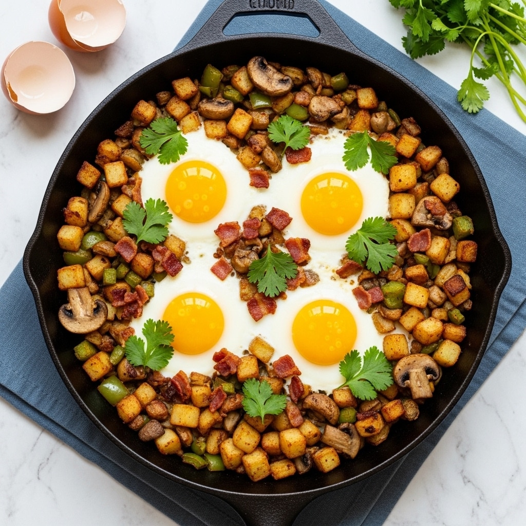 A close-up top view of a black cast-iron skillet filled with a layered dish: the base layer contains browned, cubed potatoes with browned onions and diced green bell peppers, scattered with crispy brown bacon pieces. On top, four fried eggs with firm whites and bright yellow yolks are nestled evenly around the pan. Fresh green cilantro leaves and chopped herbs are sprinkled over the entire dish, adding a fresh green accent. The skillet is set on a blue cloth against a white marbled surface with small bits of herbs scattered around. photo taken with an iphone --ar 4:5 --v 7
