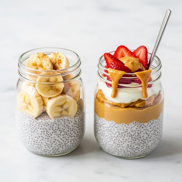 Two clear glass jars sit side by side on a white marbled surface, each filled with layers of creamy chia pudding. The jar on the left has thick slices of banana inside and on top, sprinkled lightly with cinnamon. The jar on the right shows a bottom layer of chia pudding, followed by a thick golden brown peanut butter layer in the middle, topped with creamy white yogurt and fresh red strawberry slices on top, with peanut butter slightly dripping down the edge. A thin metal spoon stands inside the jar on the right. photo taken with an iphone --ar 4:5 --v 7