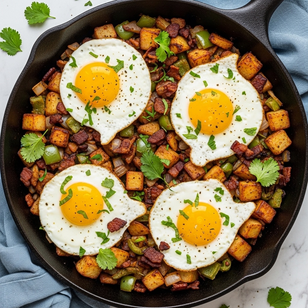 A black cast iron skillet sits on a blue cloth over a white marbled texture, filled with a cooked hash made of three layers. The bottom layer is golden-brown diced potatoes mixed with green bell peppers and light brown mushrooms, scattered evenly across the pan. The middle layer consists of four sunny side up eggs spaced evenly in a diamond shape, each with bright yellow yolks and white edges. The top layer has crispy small bacon pieces and bright green cilantro leaves sprinkled over everything, adding color and texture. Eggshell halves and some fresh cilantro sprigs are visible in the background. Photo taken with an iphone --ar 4:5 --v 7