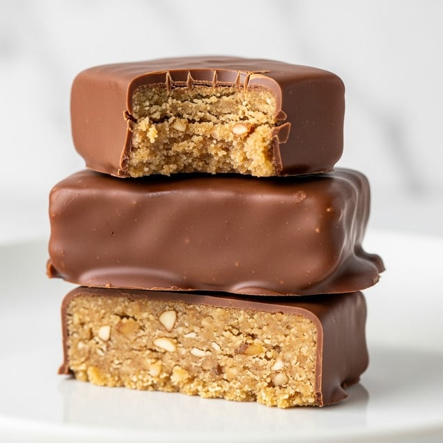The image shows a stack of three small rectangular treats, each covered in smooth, shiny brown chocolate. The top treat has a bite taken out, revealing a light tan, crumbly inside with small bits of nuts or grains visible. The middle and bottom treats show their same tan interior texture, slightly crumbly and dense, peeking out beneath the chocolate coating. The stack is placed on a plain white plate with a white marbled surface in the background. The lighting highlights the glossy chocolate and the soft texture of the filling. photo taken with an iphone --ar 4:5 --v 7