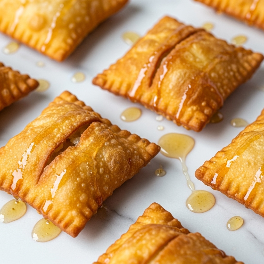 The image shows several golden brown, square-shaped fried pastries arranged on a white marbled surface. Each pastry has a crispy, bubbly texture with visible folds and slightly puffed edges. A light drizzle of honey or syrup is spread unevenly over the pastries and the surface, adding a shiny glaze to the items. The close-up view highlights their crispiness and the warm, inviting color of the fried dough. photo taken with an iphone --ar 4:5 --v 7