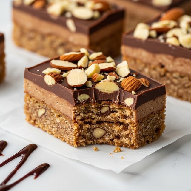 A close-up view of a small rectangular treat with three layers: the bottom layer is a light brown crumbly cake with visible nut pieces, the middle layer is a thin, smooth milk chocolate coating covering the cake, and the top layer features scattered chopped almonds with pale yellow insides and brown skins. The treat has one bite taken out from one corner, showing the crumbly texture of the cake inside. It is placed on a sheet of parchment paper on a white marbled surface, with some chocolate drizzles nearby. Photo taken with an iphone --ar 4:5 --v 7