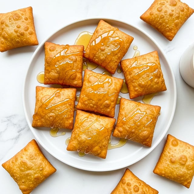 A white plate holds eight golden brown, square-shaped fried pastries with a crispy texture. Each pastry is drizzled with light amber honey, which pools slightly around them. The pastries have a slightly bumpy surface showing the fried dough’s texture. More pastries are scattered around the plate on a white marbled surface, with a small portion of a ceramic cup visible on the side. The image is bright and clean, highlighting the warm tones of the pastries against the white background. photo taken with an iphone --ar 4:5 --v 7