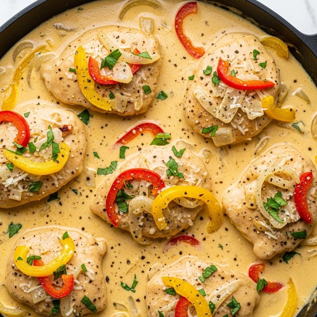 A close-up of a creamy chicken dish in a pan shows several pale, cooked chicken pieces as the main layer, coated in a rich, light yellow sauce with a smooth, slightly thick texture. Scattered on top and mixed in are thin slices of yellow and red bell peppers and small chopped onions, adding pops of bright yellow, red, and translucent white colors. Small green herb pieces are sprinkled throughout, along with visible black pepper specks, giving a fresh and seasoned look. The sauce has a glossy finish, and some grated cheese or cream is lightly dusted on the surface. The pan edge is dark and slightly visible in the corner, and the background is a white marbled texture. photo taken with an iphone --ar 4:5 --v 7
