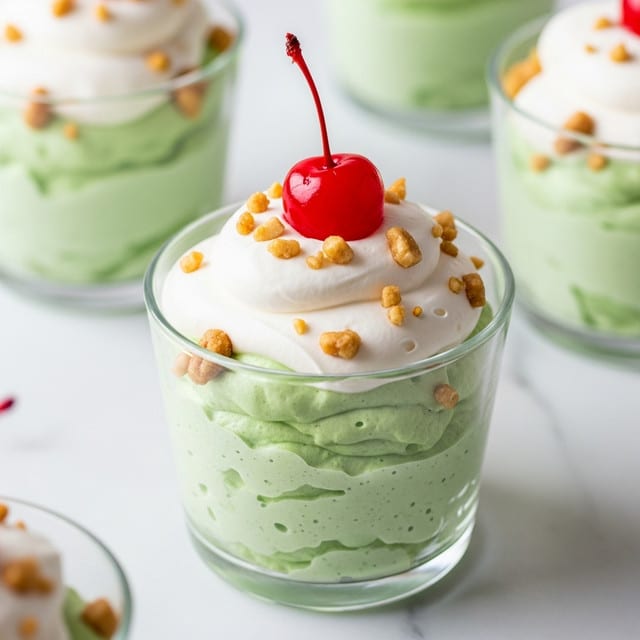 A clear glass cup holds a light green, creamy mousse that fills the cup about three-quarters full, showing a soft and fluffy texture with small air pockets. On top, there is a thick dollop of white whipped cream, slightly rounded with smooth edges. Scattered over the whipped cream and mousse are small golden brown nut pieces, adding a crunchy texture. Just sitting on the whipped cream is a bright red maraschino cherry with a long stem, standing out with its shiny and smooth surface. The background is a white marbled texture that enhances the fresh look of the dessert, with blurred parts of other similar desserts visible nearby. photo taken with an iphone --ar 4:5 --v 7