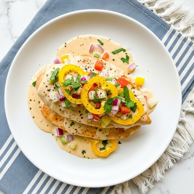 A white plate holds two layers of cooked chicken breast, pale and moist in color, with a creamy light beige sauce drizzled over the top. On the chicken, there are slices of yellow pepper, diced red and white vegetables, and chopped green herbs sprinkled evenly, adding bright yellow, red, and green spots. The sauce pools slightly around the chicken, and there are black specks of ground pepper scattered across the dish. The plate sits on a white marbled surface next to a blue and white striped cloth with fringed edges. photo taken with an iphone --ar 4:5 --v 7