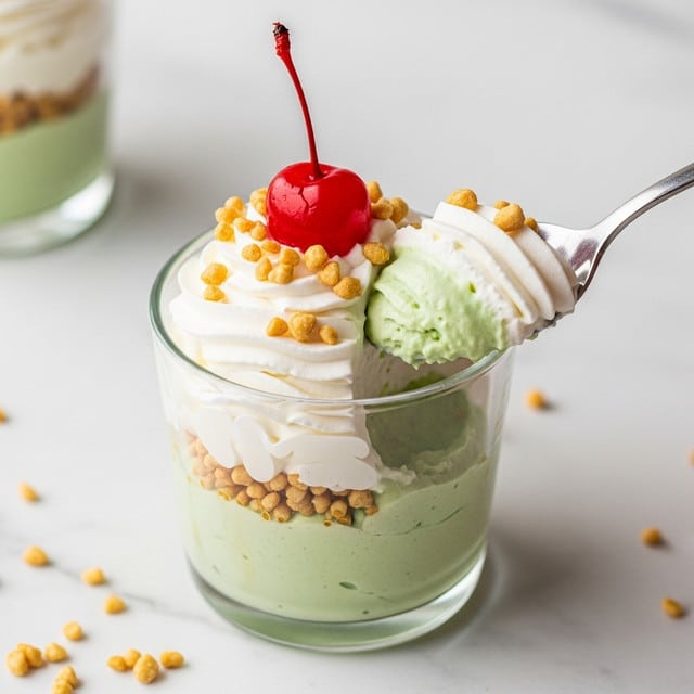 A small glass cup holds three layers: a bottom light green creamy layer with a smooth texture, a middle layer of white whipped cream thickly swirled, and a top garnish of bright red maraschino cherry with a long stem sitting on the whipped cream, sprinkled with small golden brown crunchy nut pieces. A silver spoon is scooping from the cup, showing a mix of the green creamy layer and whipped cream. The cup is placed on a white marbled surface with some of the nut pieces scattered around. Photo taken with an iphone --ar 4:5 --v 7