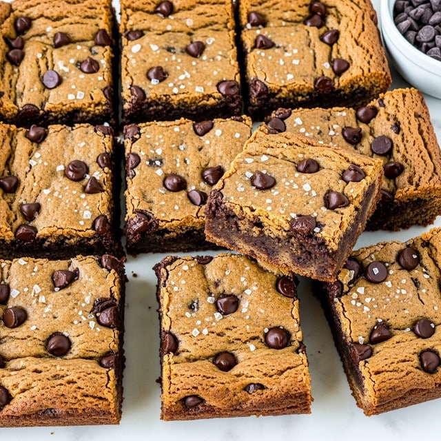 A tray of square chocolate chip blondies arranged closely on a white marbled surface. Each blondie has a golden brown top with scattered dark chocolate chips embedded, some chips melting slightly. The blondies are cut into thick, soft layers showing a moist, crumbly texture inside with visible chocolate chips. A few pieces are slightly lifted or angled, revealing the rich interior and bits of melted chocolate. Small flakes of sea salt sprinkle over the top of the blondies, adding contrast. A white bowl filled with extra dark chocolate chips is partially visible in the upper right corner. photo taken with an iphone --ar 4:5 --v 7