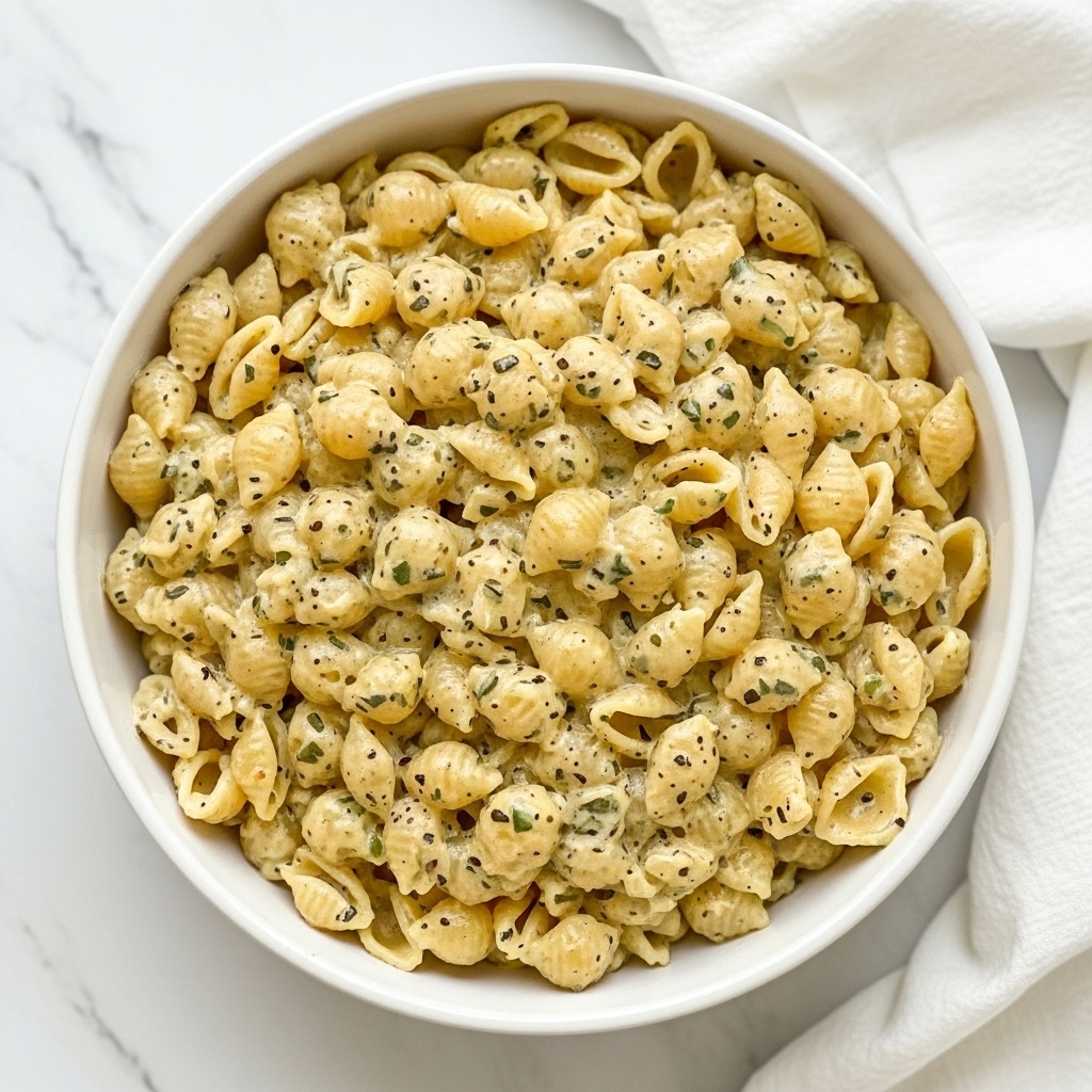 The image shows a white round bowl filled with shell-shaped pasta covered in a creamy, light yellow sauce with green and black herbs mixed in. The pasta pieces are small and closely packed, coated evenly with the thick sauce, which has a smooth and slightly glossy texture. The bowl is placed on a white marbled surface with a folded white cloth visible in the background. Photo taken with an iphone --ar 4:5 --v 7