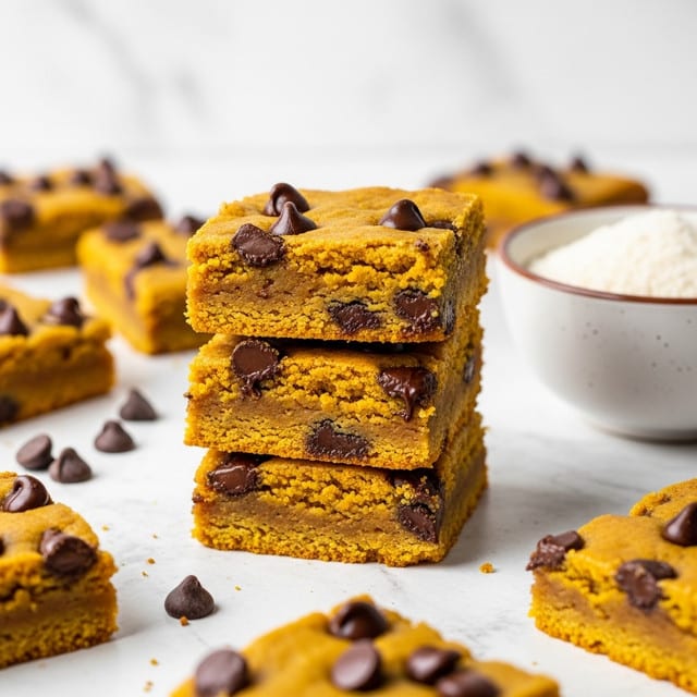 A close-up image shows a stack of four square pumpkin chocolate chip bars, each layer thick and golden orange with a soft, crumbly texture. Visible dark chocolate chips are scattered throughout each bar, with some chips slightly melted on the surface. The stack sits on a white marbled surface with more bars spread around, some broken, and loose chocolate chips are scattered nearby. On the right side of the image, a white bowl with a brown inside rim holds a white granular ingredient. The background is a simple white marbled texture. photo taken with an iphone --ar 4:5 --v 7
