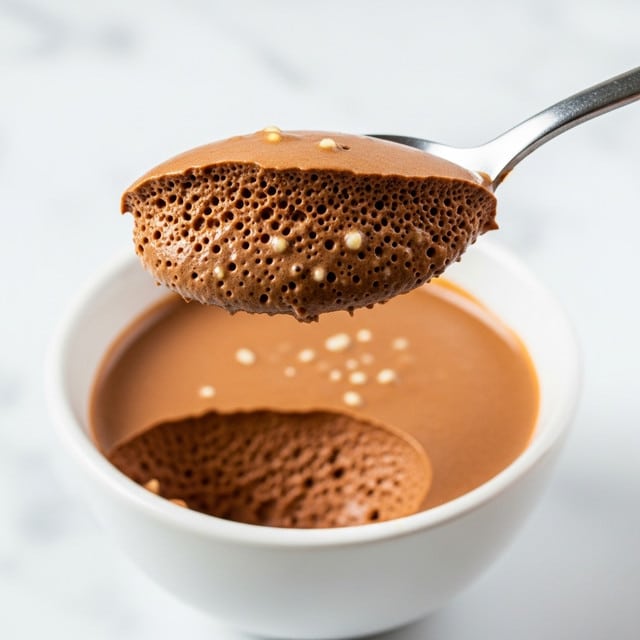 A close-up view of a silver spoon holding a smooth, creamy chocolate mousse with a soft texture, slightly lifted above a white bowl filled with the same rich, brown mousse inside, all set against a white marbled surface. The mousse shows small air bubbles and a few tiny light-colored specks, emphasizing its creamy and airy form. Photo taken with an iphone --ar 4:5 --v 7