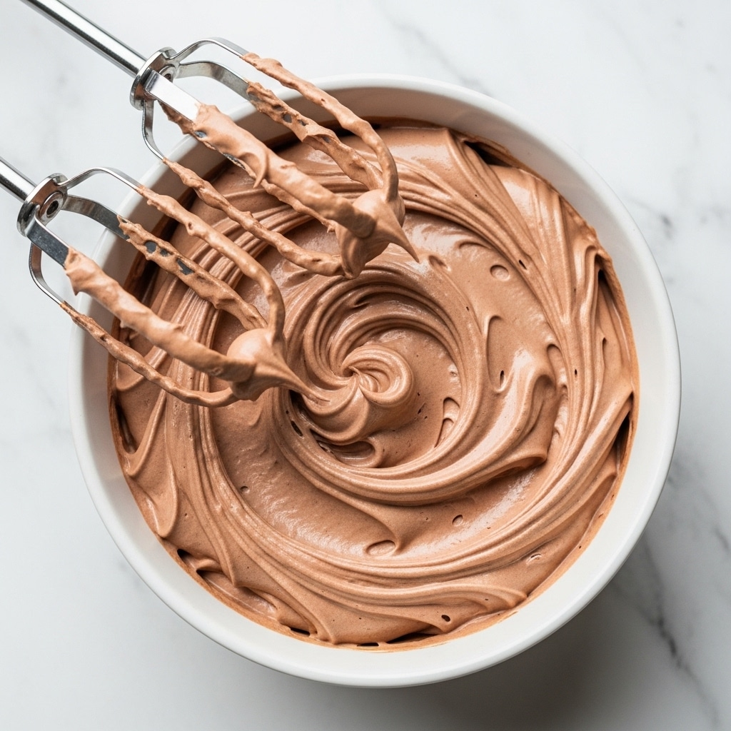 The image shows a close-up of thick, light brown chocolate cream inside a white bowl with smooth swirls. Two metal beaters partially covered in the chocolate cream are held near the center, showing the texture of the whipped chocolate mixture. The setting is on a white marbled surface. photo taken with an iphone --ar 4:5 --v 7