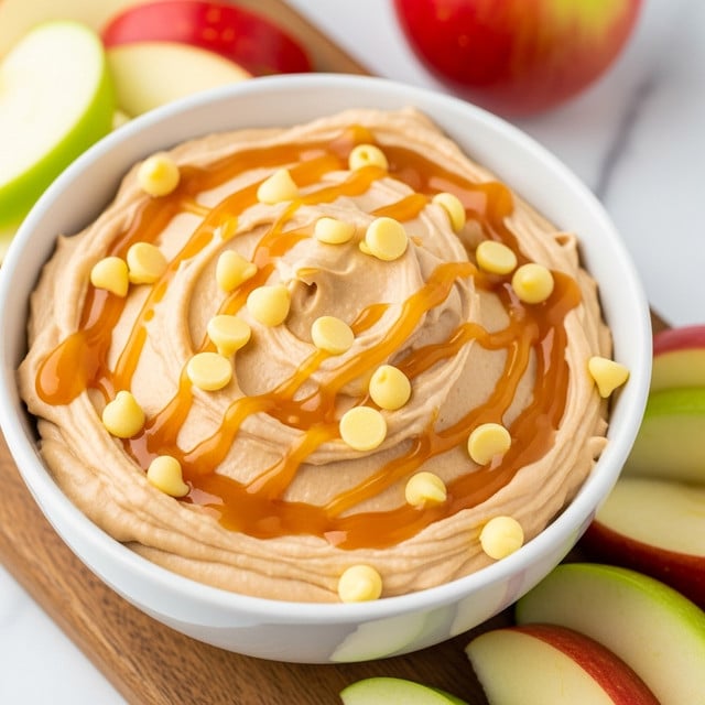 A close-up of a white bowl filled with a creamy light brown dip, topped with a drizzle of golden caramel sauce and scattered with small, round, pale yellow chocolate chips. The dip has a smooth and slightly wavy texture. Around the bowl, there are slices of red and green apples placed on a white marbled surface and a wooden board beneath the bowl, adding a rustic touch. Photo taken with an iphone --ar 4:5 --v 7