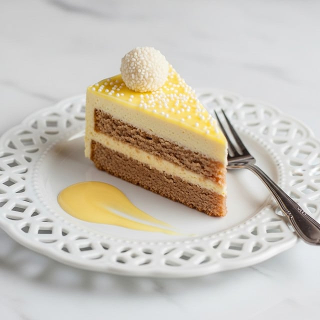 A single slice of cake is shown on a white plate with a decorative cut-out edge, sitting on a white marbled surface. The cake has two layers: a thick, light brown base, and a smooth, pale yellow top layer with a glossy finish. On top of the cake sits a small, round white chocolate ball. There are tiny white sugar sprinkles scattered over the top layer. A drizzle of pale yellow sauce is artfully spread on the plate next to the cake. A silver fork rests on the side of the plate. photo taken with an iphone --ar 4:5 --v 7