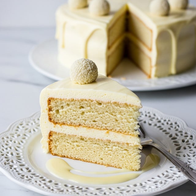 A slice of vanilla cake with two visible layers: a bottom spongy light tan cake layer and a thick top creamy pale yellow frosting layer. The frosting drips slightly down the sides. A small round white chocolate ball sits on top of the frosting. The slice is on a white plate with a delicate cut-out pattern around the edges, with creamy sauce drizzled underneath. A silver fork is placed beside the slice. In the background, the rest of the cake sits on a white plate, showing the same two layers on a white marbled surface. photo taken with an iphone --ar 4:5 --v 7