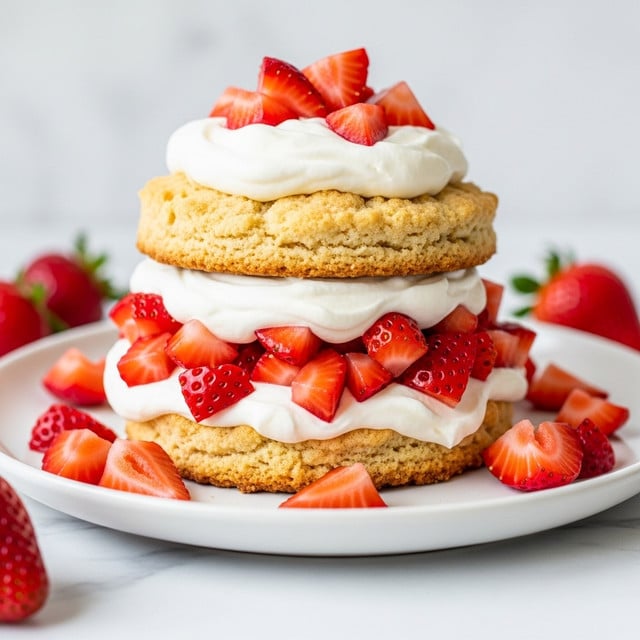 A dessert with three main layers sits on a white plate over a white marbled surface. The bottom layer is a golden, crumbly biscuit with a rough texture. On top of this is a layer of chopped, bright red strawberries, some pieces poking out to the sides. Above the strawberries is a thick layer of white whipped cream, smooth and fluffy. Next comes another piece of golden biscuit, similar to the bottom one. The dessert is topped with another dollop of whipped cream and a few larger strawberry pieces. Around the dessert on the plate are some strawberry sections scattered loosely. photo taken with an iphone --ar 4:5 --v 7