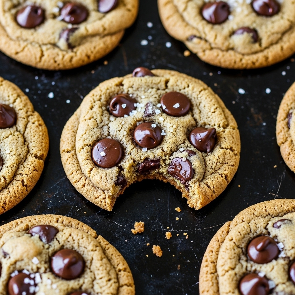A close-up view of several chocolate chip cookies on a dark baking sheet, with the center cookie showing a bite taken out of it. The cookie is golden brown, soft and textured with several large, shiny dark chocolate chips embedded throughout. Some coarse salt crystals sprinkle the tops, adding a contrast to the warm cookie color. The surface beneath the cookies is dark and worn, showing slight smudges and spots from baking. photo taken with an iphone --ar 4:5 --v 7