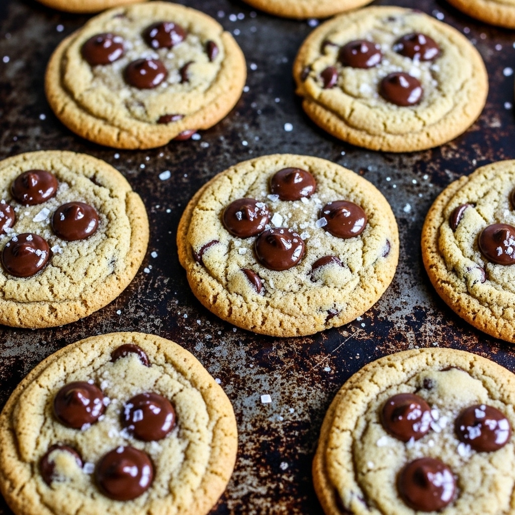 Several golden brown chocolate chip cookies with a slightly crisp edge and soft, textured centers are spread out evenly on a dark baking sheet. Each cookie is topped with semi-melted shiny dark chocolate chips and sprinkled with small flakes of sea salt, adding contrast and visual interest. The baking sheet shows some baked-on marks and a worn look, giving a warm, homemade feel. The cookies vary slightly in shape but are mostly round and thick. photo taken with an iphone --ar 4:5 --v 7