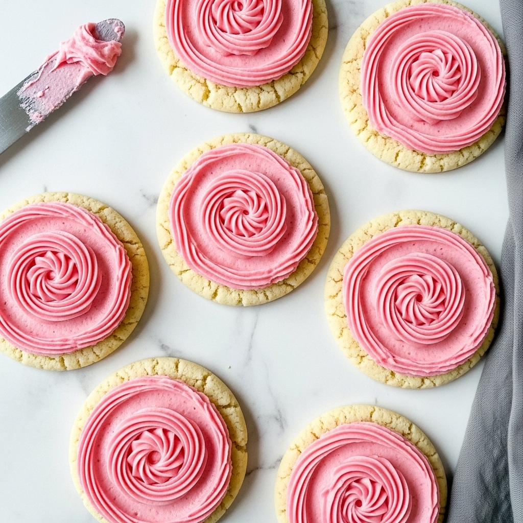 The image shows several round sugar cookies arranged on a white marbled surface. Each cookie has one layer of light yellow baked dough with a slightly rough, crumbly texture. On top of each cookie is a thick, even layer of smooth pink frosting, spread in circular motions with visible soft swirls. In the top left corner, a knife with some pink frosting is placed on the surface. A gray cloth is partially visible on the right side of the image. Photo taken with an iphone --ar 4:5 --v 7
