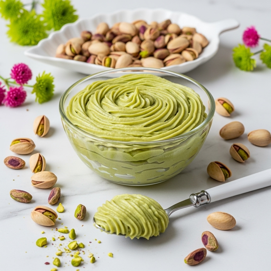 A clear glass bowl filled with smooth, light green creamy pistachio paste with a swirl pattern on top sits on a white marbled surface. In front of it, a silver spoon with a white handle holds a dollop of the same green paste. Scattered around are whole and chopped pistachio nuts, showing green and purple hues. Behind the bowl, there is a white dish shaped like a leaf, filled with more pistachio nuts. Small pink and green flowers are placed softly around the scene, adding a natural touch. Photo taken with an iphone --ar 4:5 --v 7
