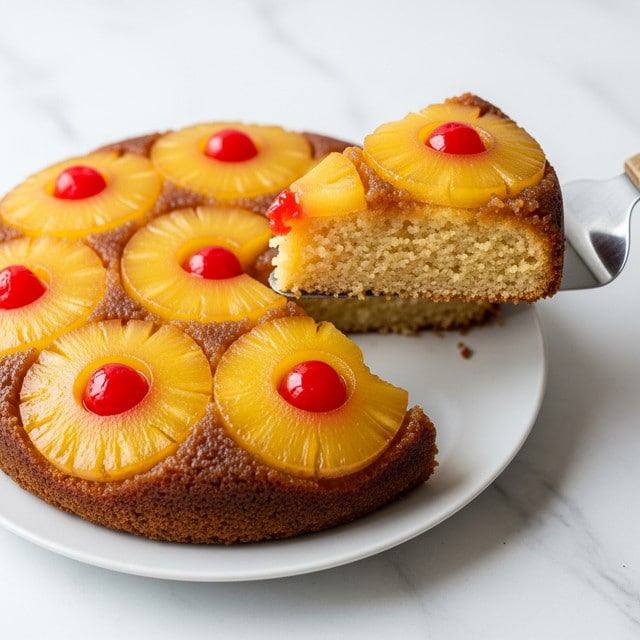 A slice of pineapple upside-down cake is being lifted from a white plate placed on a white marbled surface. The cake has a golden brown base that looks soft and moist. On top, there are several bright yellow pineapple rings, each with a bright red cherry in the middle, forming a neat pattern. The pineapple slices have a slightly shiny, caramelized texture, and the cherries add a pop of glossy red color. The spatula lifting the slice has a metal blade and a wooden handle, partially visible. Photo taken with an iphone --ar 4:5 --v 7