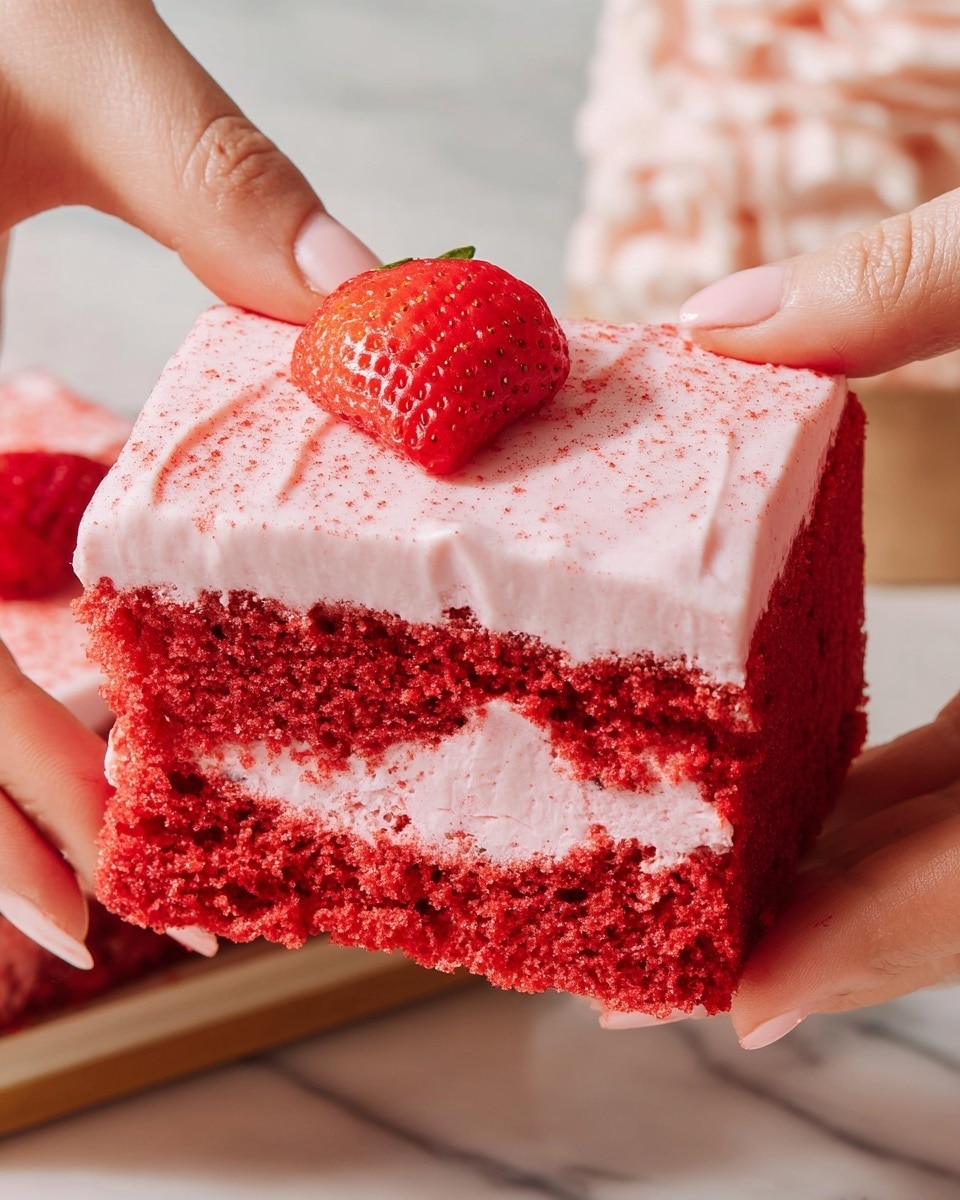 A vibrant red square cake is shown being pulled apart by a woman's hands. The cake has two main layers: the bottom layer is a rich, moist red sponge and the top layer is a thick, smooth pale pink frosting, which covers the entire surface evenly. There is a small red strawberry slice placed in the center on top of the frosting, adding a touch of natural texture. The frosting is also lightly dusted with red powder, giving a slightly textured look. The background features a white marbled texture. photo taken with an iphone --ar 4:5 --v 7