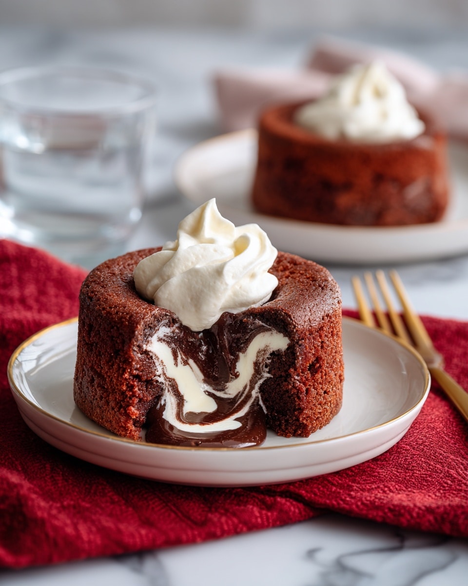 The dish shows a single round red cake with a moist texture, sitting on a white plate with a thin gold rim on a white marbled texture. The cake is cut slightly, revealing dark chocolate lava and light cream swirled inside, flowing out onto the plate. On top of the cake, there is a thick layer of white whipped cream with a soft, airy texture. In the background, there is another plate with a similar cake and whipped cream, and a silver spoon with some white cream on the right side of the front plate. The setting includes a red cloth underneath the plate and a blurred dark blue background, enhancing the rich colors of the dessert. Photo taken with an iphone --ar 4:5 --v 7