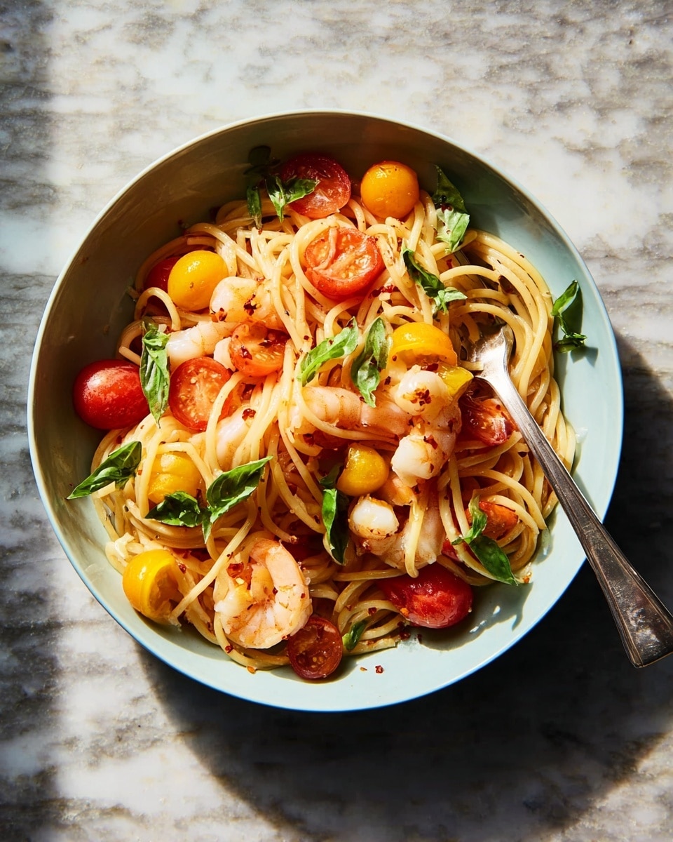 A white bowl holds a serving of spaghetti mixed with shrimp, bright yellow and red cherry tomatoes, and scattered green basil leaves. The spaghetti noodles are light yellow and twisted softly around a silver fork placed on the right side of the bowl. The shrimp are pinkish-white, curling gently among the noodles and vegetables. Small red chili flakes are sprinkled evenly over the dish, adding specks of red throughout. The bowl is set on a white marbled surface, and soft natural light casts gentle shadows to enhance the textures and colors. photo taken with an iphone --ar 4:5 --v 7