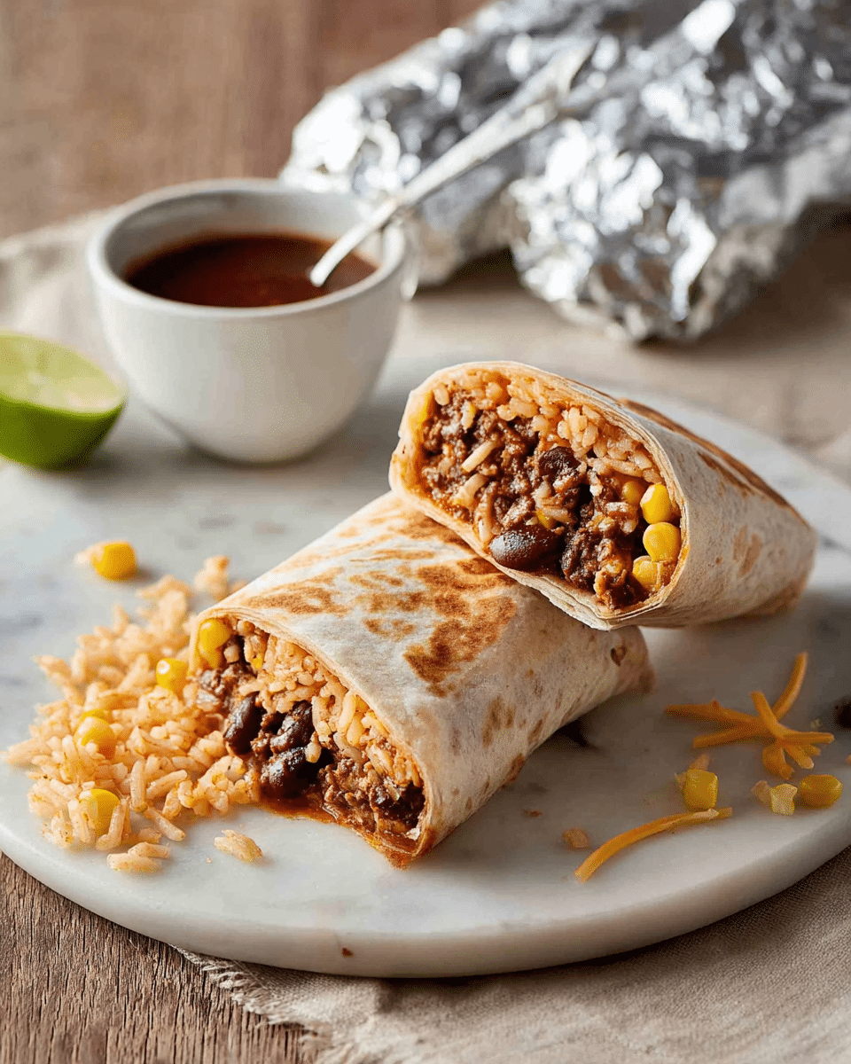 The image shows a white plate holding two halves of a toasted burrito, cut to reveal the inside layers. The burrito has three main visible layers: a warm, soft tortilla wrapped around cooked ground beef mixed with dark red kidney beans, yellow corn kernels, and fluffy orange rice. The burrito halves are stacked slightly, with one lying flat and the other resting on top at an angle. Nearby, small pieces of corn, rice, and shredded cheese are scattered on the white marbled surface. To the left of the plate, there is a wedge of lime and a close white bowl filled with dark brown sauce, a silver spoon resting inside. In the background, there are two more burritos wrapped in aluminum foil on some soft beige cloth, all placed on a white marbled surface. photo taken with an iphone --ar 4:5 --v 7