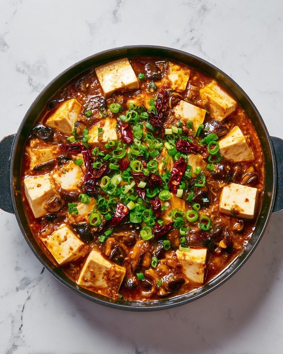 A dish served in a round black pan filled with a rich reddish-brown sauce mixed with medium-sized white tofu cubes and small dark brown mushroom pieces; the surface is topped with bright green chopped spring onions and some whole dried red chili peppers scattered evenly. The tofu cubes have a smooth texture, contrasting with the slightly chunky sauce and mushrooms, all resting on a white marbled surface. photo taken with an iphone --ar 4:5 --v 7