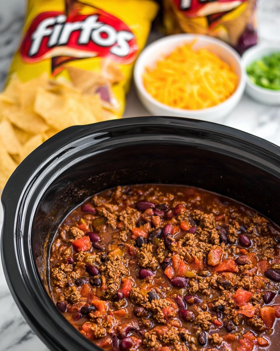 The image shows a close-up of a black slow cooker filled with thick chili made of ground meat, red and black beans, and diced tomatoes in a rich, dark red sauce. In the blurry background, there are two yellow and red bags of Fritos chips and small white bowls containing shredded yellow cheese and chopped green onions. The scene is set on a white marbled surface, focusing on the hearty chili inside the slow cooker. photo taken with an iphone --ar 4:5 --v 7