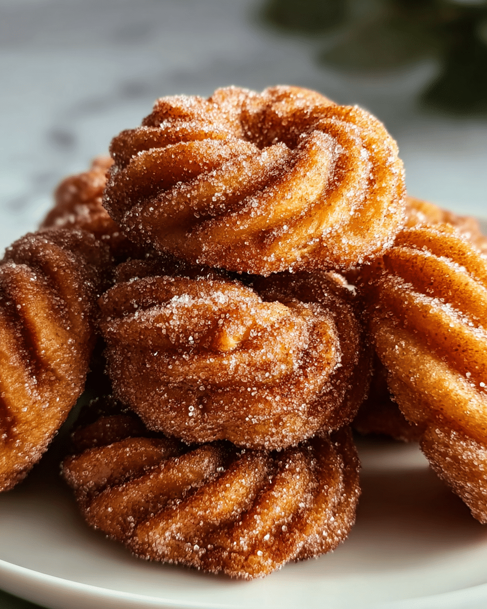 A close-up view of a stack of five round, deep golden-brown pastries coated thickly with sugar crystals and cinnamon powder. Each pastry has defined ridges swirling from the center outward, showing a slightly crispy texture on the outside. The sugar crystals glisten, adding sparkle to the warm brown color. The pastries are tightly piled on a white plate, and the background is a soft white marbled texture. photo taken with an iphone --ar 4:5 --v 7