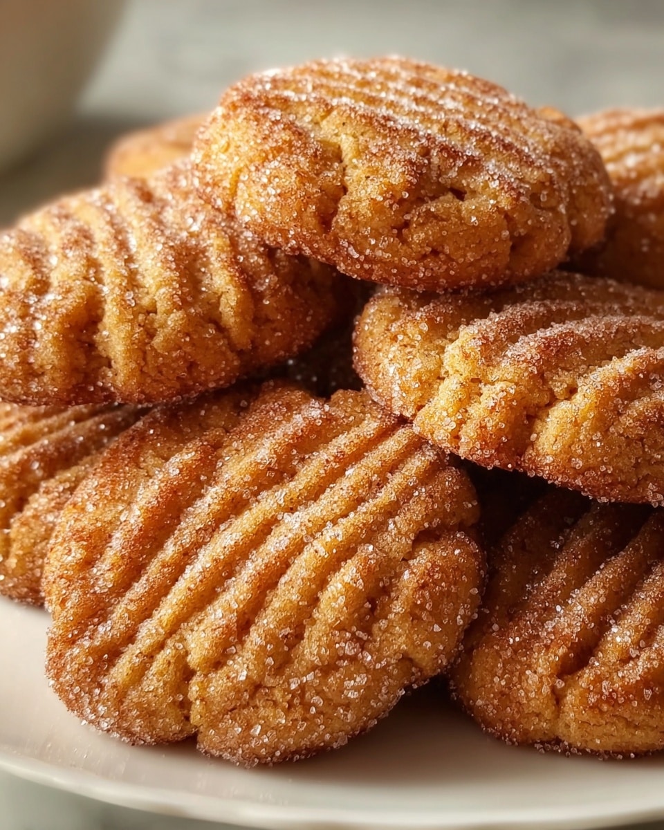 A close-up view of a pile of round, golden-brown cookies covered with a layer of coarse white sugar crystals. Each cookie has deep ridges pressed into the top, creating a textured pattern with a slightly crisp surface. The warm color varies from light golden to darker caramel shades, showing a baked, crunchy appearance. The cookies are stacked on top of each other on a white plate, all resting on a white marbled texture. Photo taken with an iphone --ar 4:5 --v 7