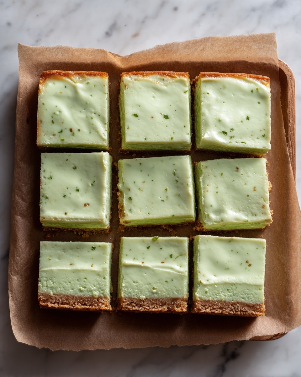 The image shows a square dessert cut into nine even pieces, arranged neatly on brown baking paper. The dessert has two visible layers: a light green top layer with a smooth, slightly fluffy texture punctuated by tiny darker green specks, and a golden-brown bottom crust layer that looks crumbly and firm. The edges of the dessert have a slightly roughened appearance, and the entire piece rests on a baking sheet placed on a white marbled surface. Photo taken with an iphone --ar 4:5 --v 7