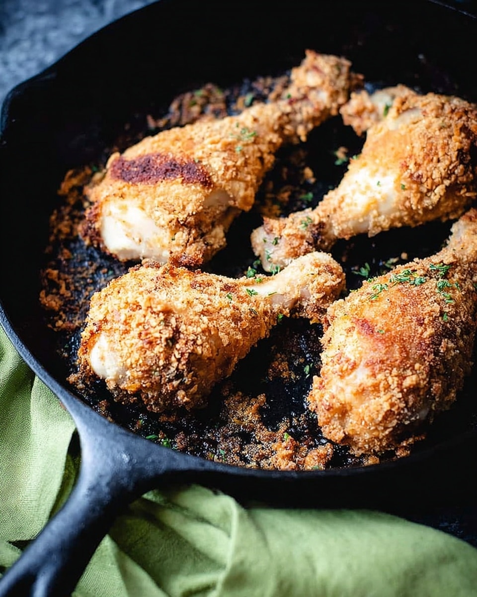 Five golden-brown fried chicken drumsticks lay in a black cast iron skillet, each coated with a crunchy, textured breading showing some darker toasted spots, indicating crispiness. The skillet has browned bits and herbs scattered on its black surface around the chicken, adding to the rustic look. The background shows a white marbled texture beneath a green cloth near the skillet's handle. photo taken with an iphone --ar 4:5 --v 7