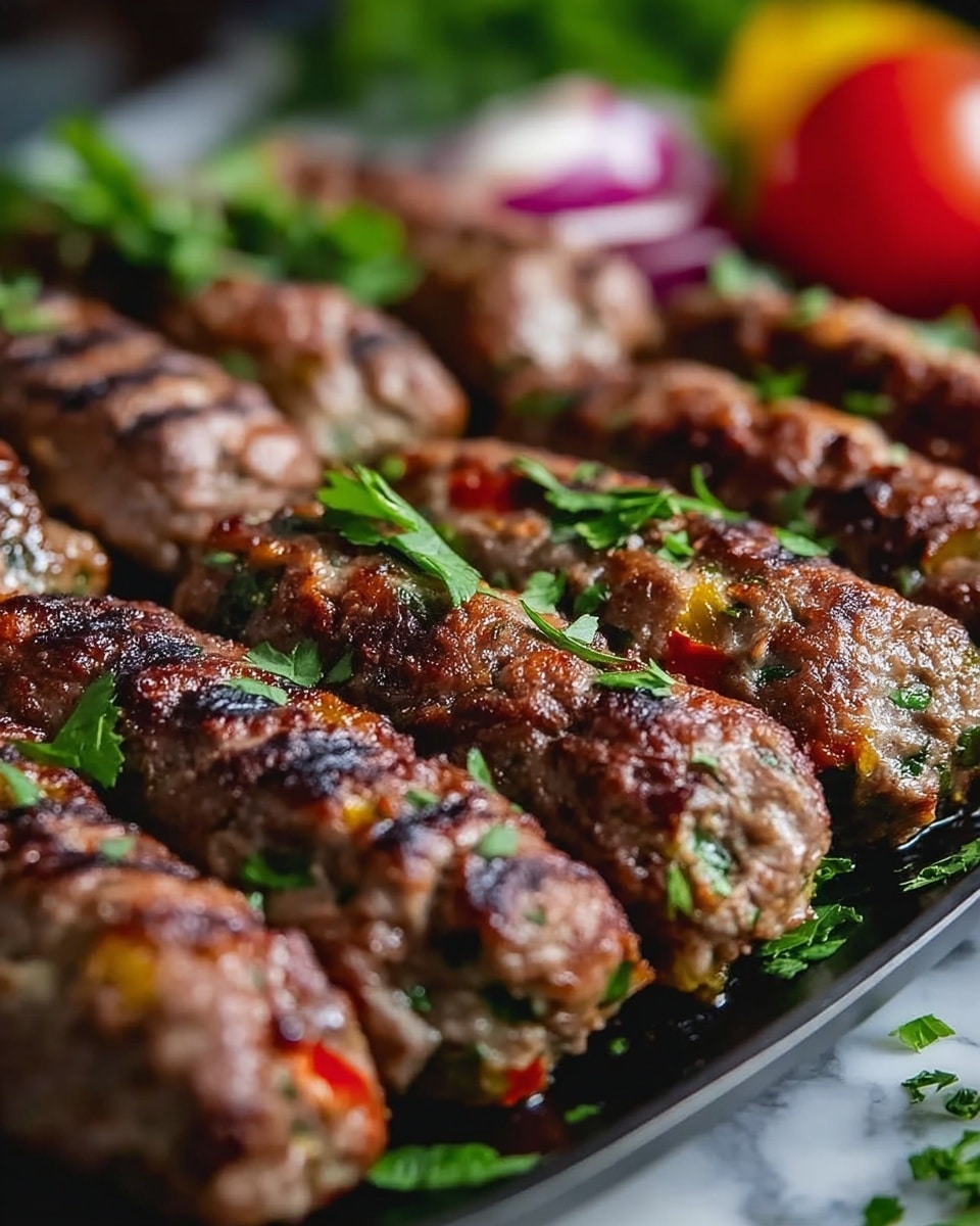 The image shows a close-up of many small, cylindrical grilled meat kebabs arranged side by side in a black tray. Each kebab has a charred, brown surface with visible grill marks, and bits of green herbs, red and yellow peppers mixed inside the meat. Some fresh chopped green herbs are sprinkled on top and around the kebabs. In the background, there are blurred red and white vegetables and leafy green herbs. The tray is placed on a white marbled surface, and the focus is mainly on the kebabs in the front. Photo taken with an iphone --ar 4:5 --v 7