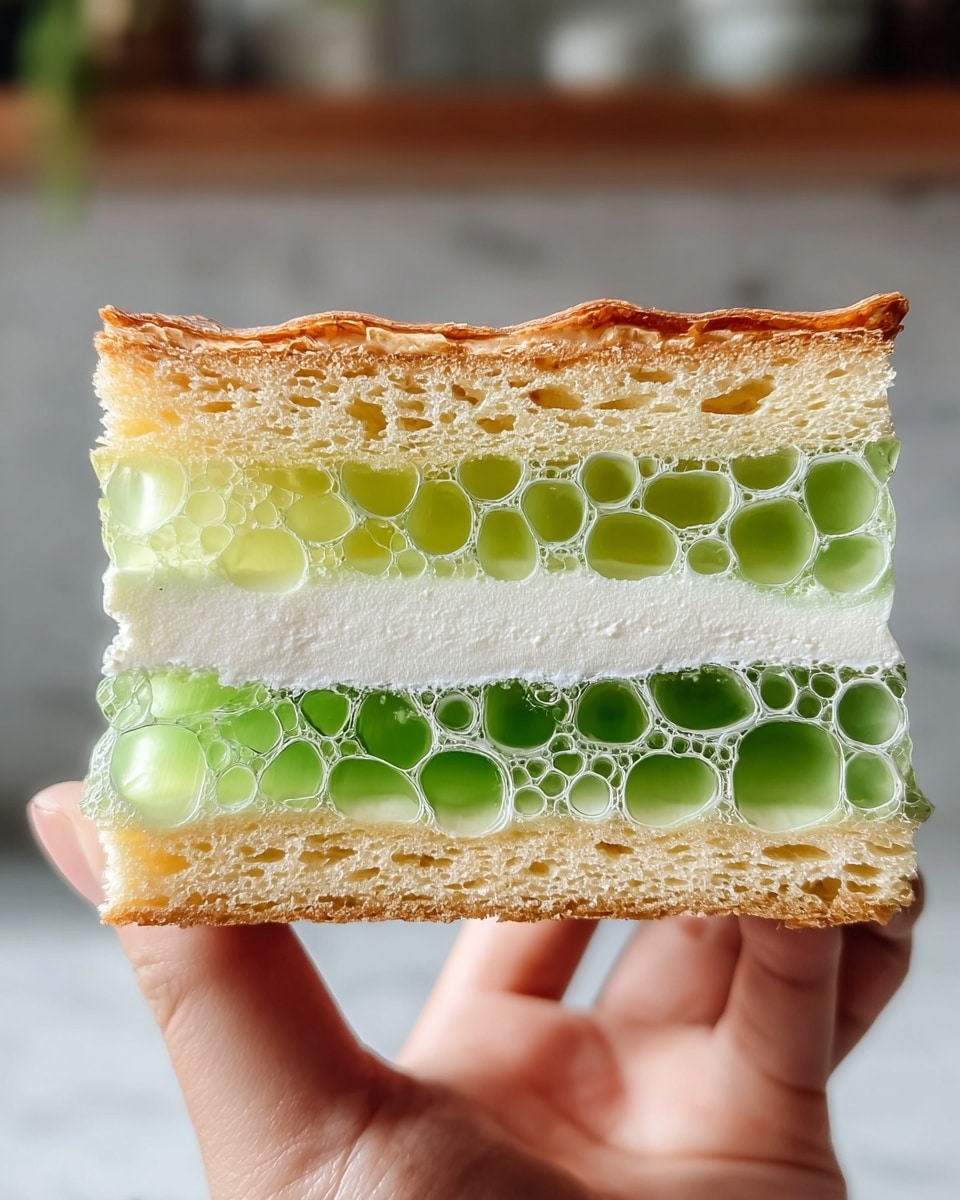 A close-up view of a layered dessert held by a woman's hand with three main layers visible. From bottom to top, the first layer is a light golden sponge cake with a spongy texture filled with small holes. Above it, there is a thin, smooth white cream layer followed by a green semi-translucent jelly layer with large bubble-like holes creating an airy look. The same order repeats once more: a second light golden sponge cake layer, a white cream layer, and a green jelly layer on top with a slightly caramelized edge. The dessert has a clean cut and is shown against a blurred kitchen background with a white marbled surface beneath. Photo taken with an iphone --ar 4:5 --v 7